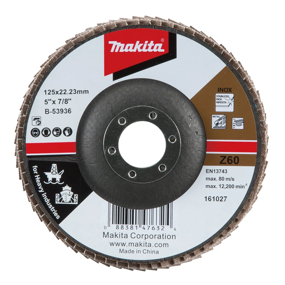 B-53936_Disco_Flap.webp Disco flap de alta eficiência e durabilidade 125 x 22.23mm Grão Z60 Makita B-53936 - Imagem 1