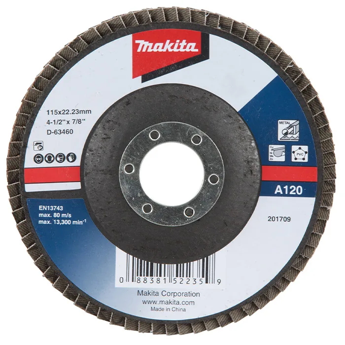 D-63460_Disco_Flap.webp Disco Flap 115 x 22.23mm Grão A120 Makita D-63460 - Imagem 1
