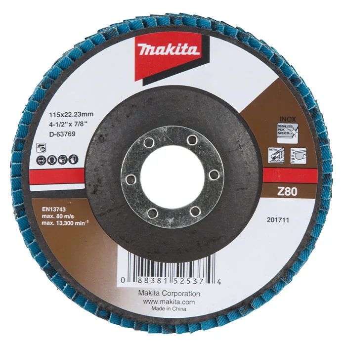 D-63769_Disco_Flap.webp Disco Flap 115 x 22.23mm Grão Z80 Makita D-63769 - Imagem 1