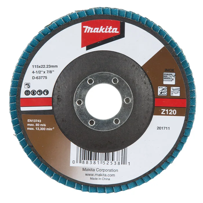 D-63775_Disco_Flap.webp Disco Flap Z120 115 x 22.23mm Makita D-63775 - Imagem 1