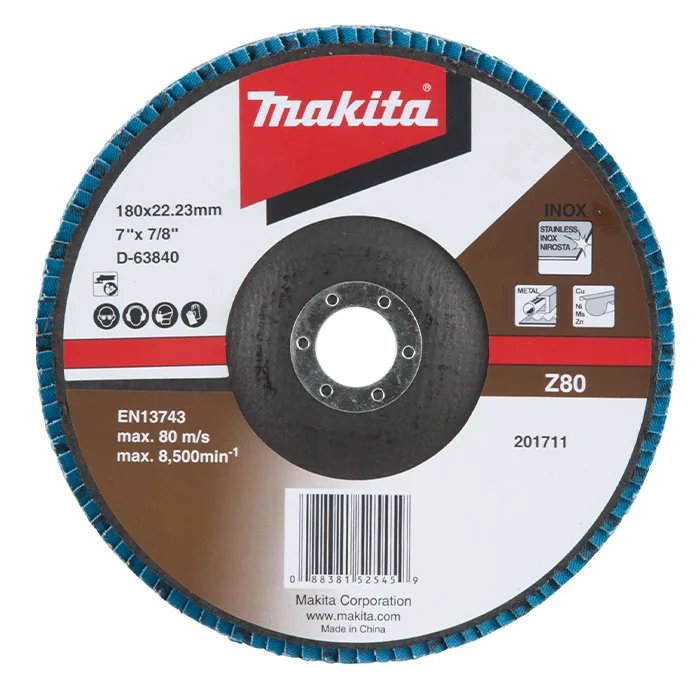 D-63840_Disco_Flap.webp Disco Flap 180 x 22.23mm Grão Z80 Makita D-63840 - Imagem 1
